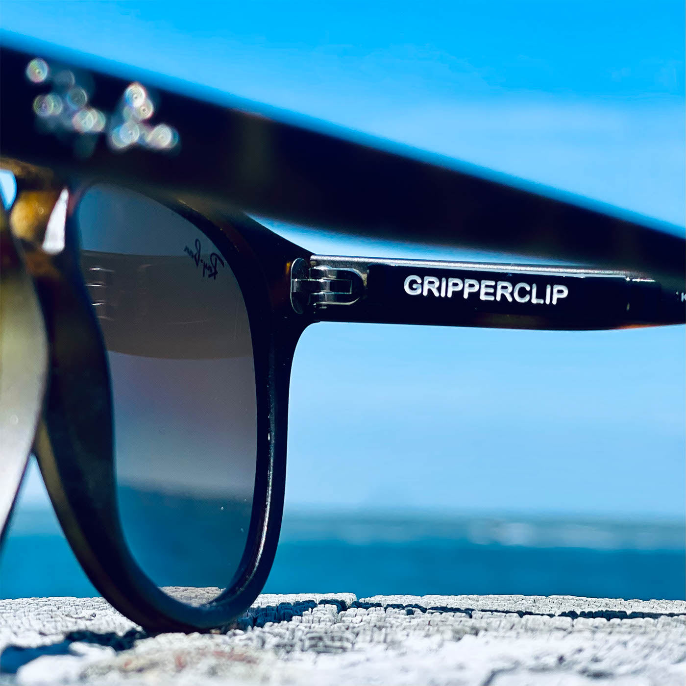 Zoomed in image of RayBan sunglasses with GripperClip.