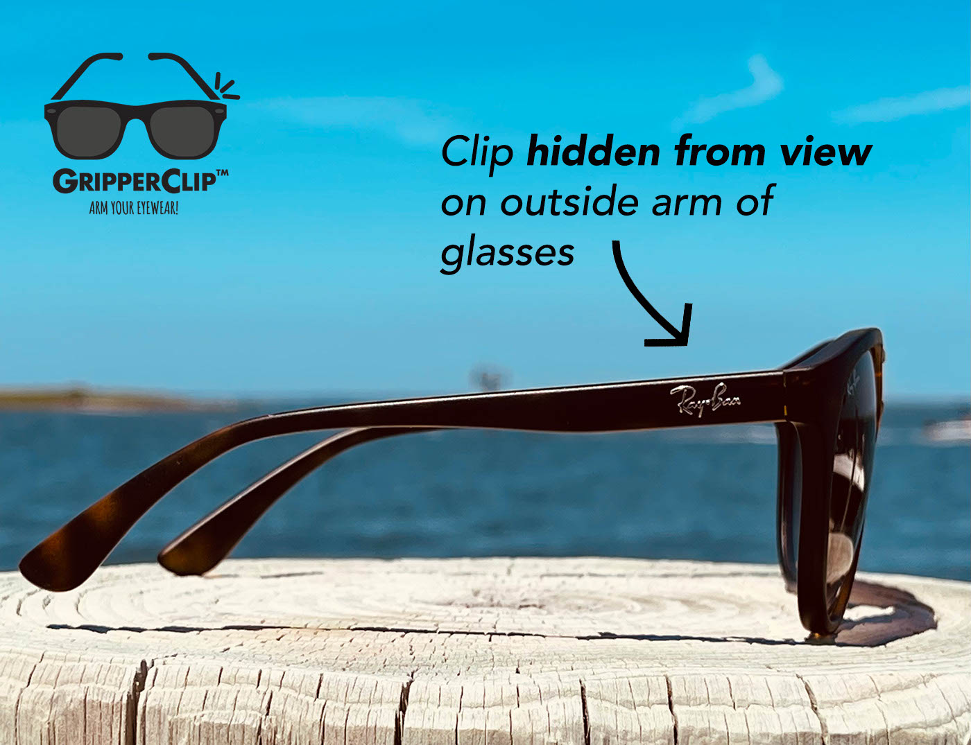 Rayban sunglasses with GripperClip installed showing how clip is hidden from view.